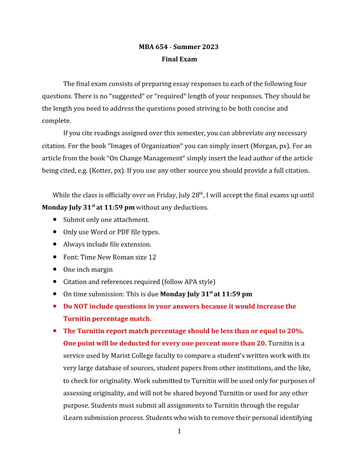 MBA 654 Final Exam - Essay Questions