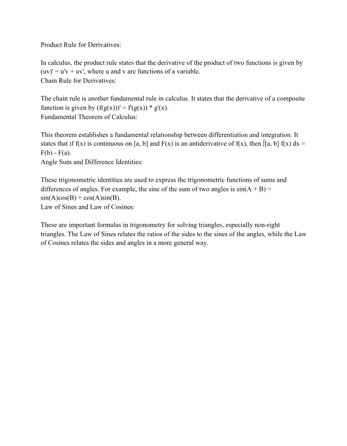 Notes on Calculus and Trigonometry Formulas