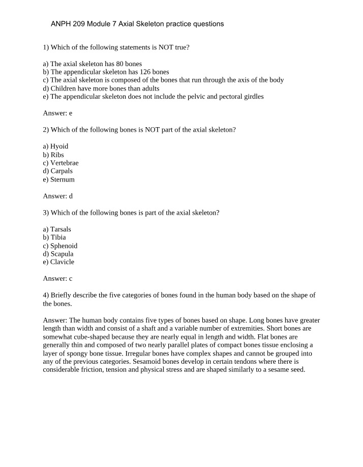 Practice Questions on Axial Skeleton Functions and Bone Types