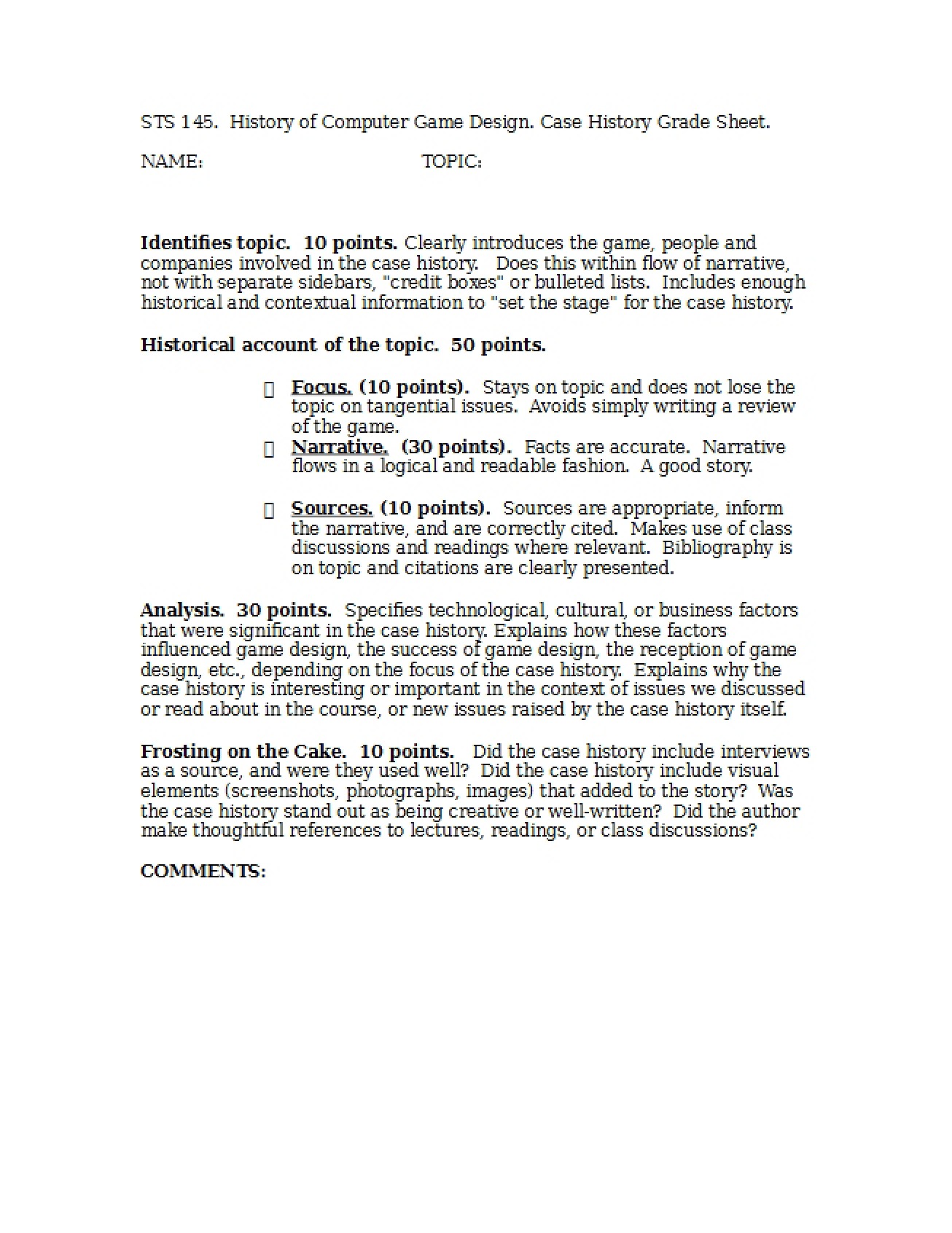 Grade Sheet for the Computer Game Design Case History