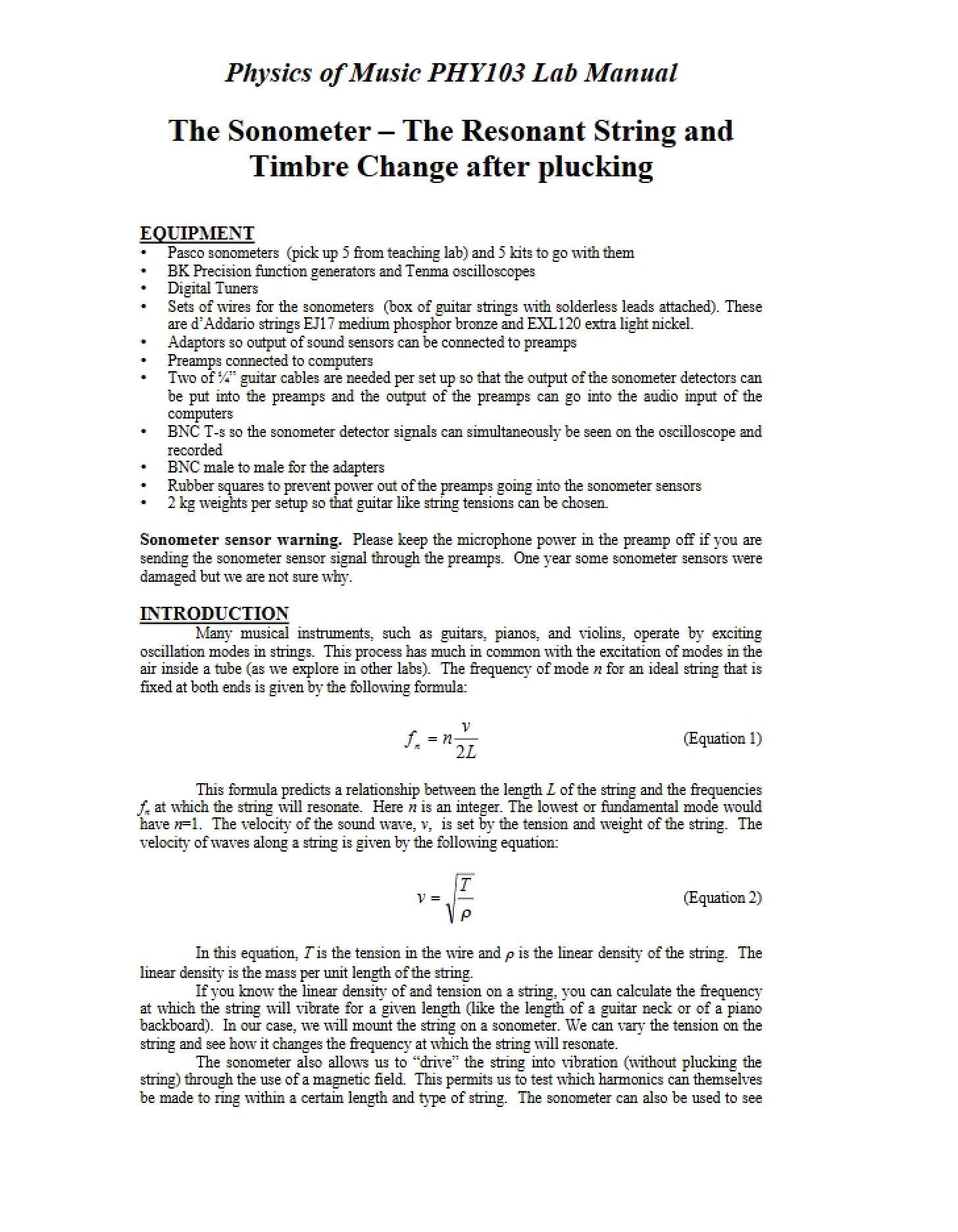 Sonometer Manual Resonant String and Timbre Change