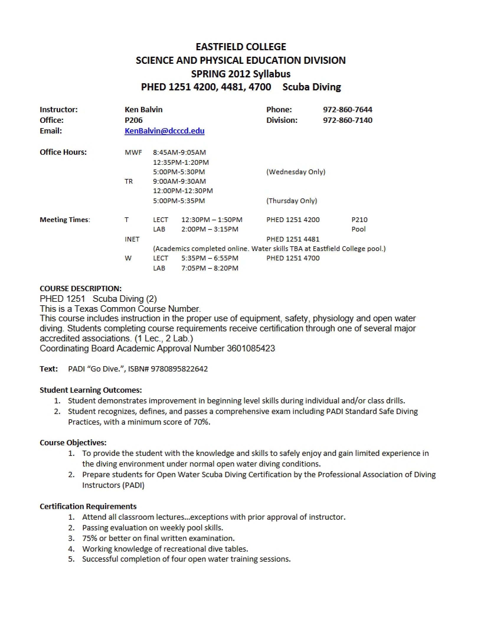 Course Syllabus for Scuba Diving