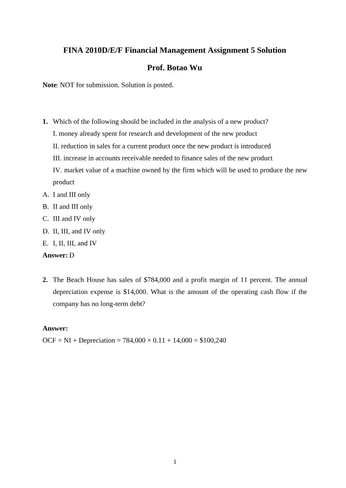 FINA 2010 Assignment 5 Solution