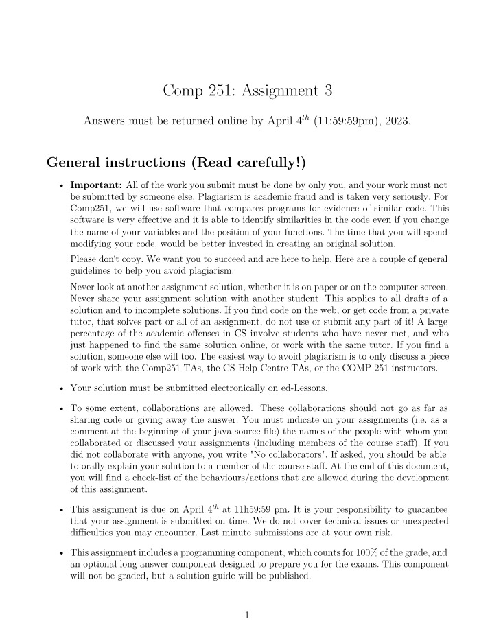 COMP251 Assignment 3 - Guidelines and Submission Deadlines