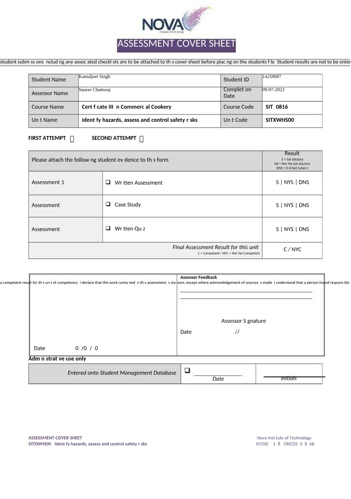 Quiz and Assessments for Identify Hazards and Control Safety Risks in Commercial Cookery