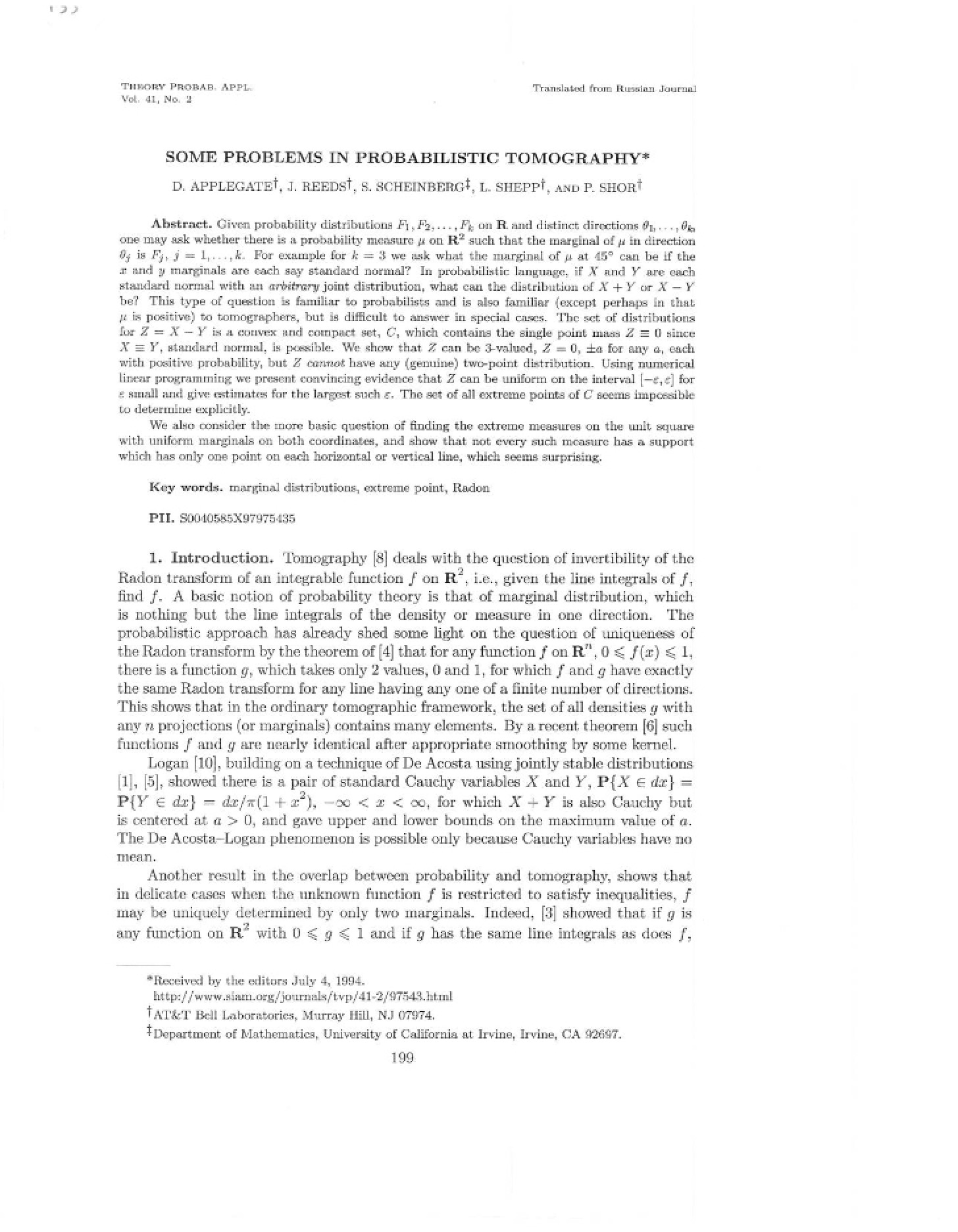 Probabilistic Tomography Problems