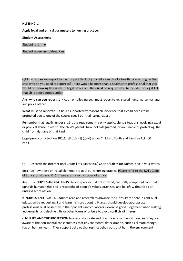 Student Assessment - Legal and Ethical Parameters in Nursing Practice