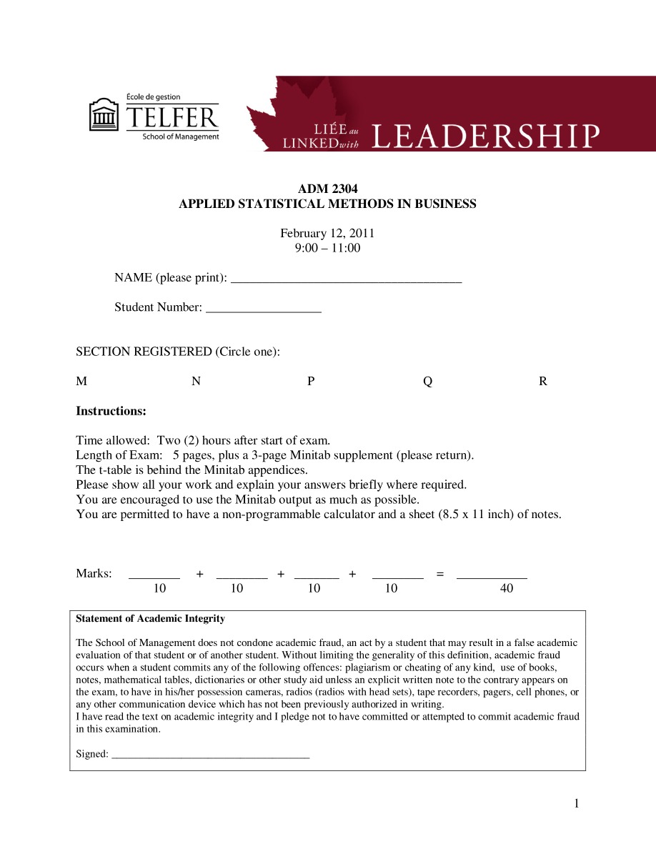 Exam for Applied Statistical Methods in Business (ADM 2304)