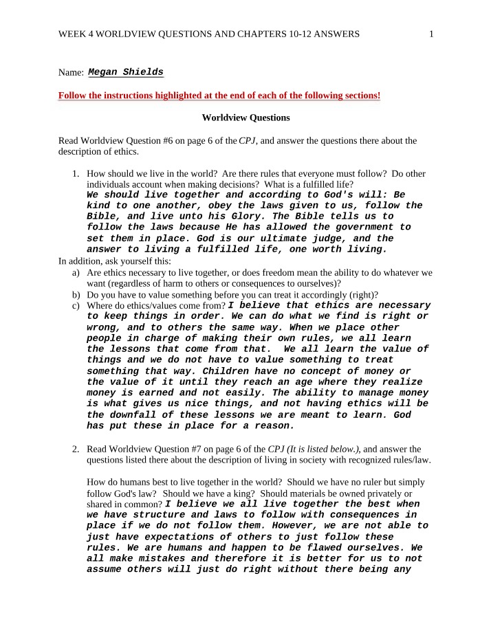 Week 4 - Worldview Questions and Answers - Chapters 10-12