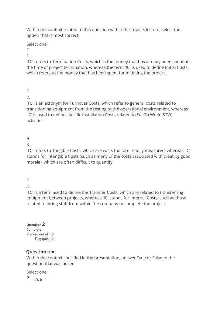 Topic 5 Lecture Questions - Termination and Initial Costs