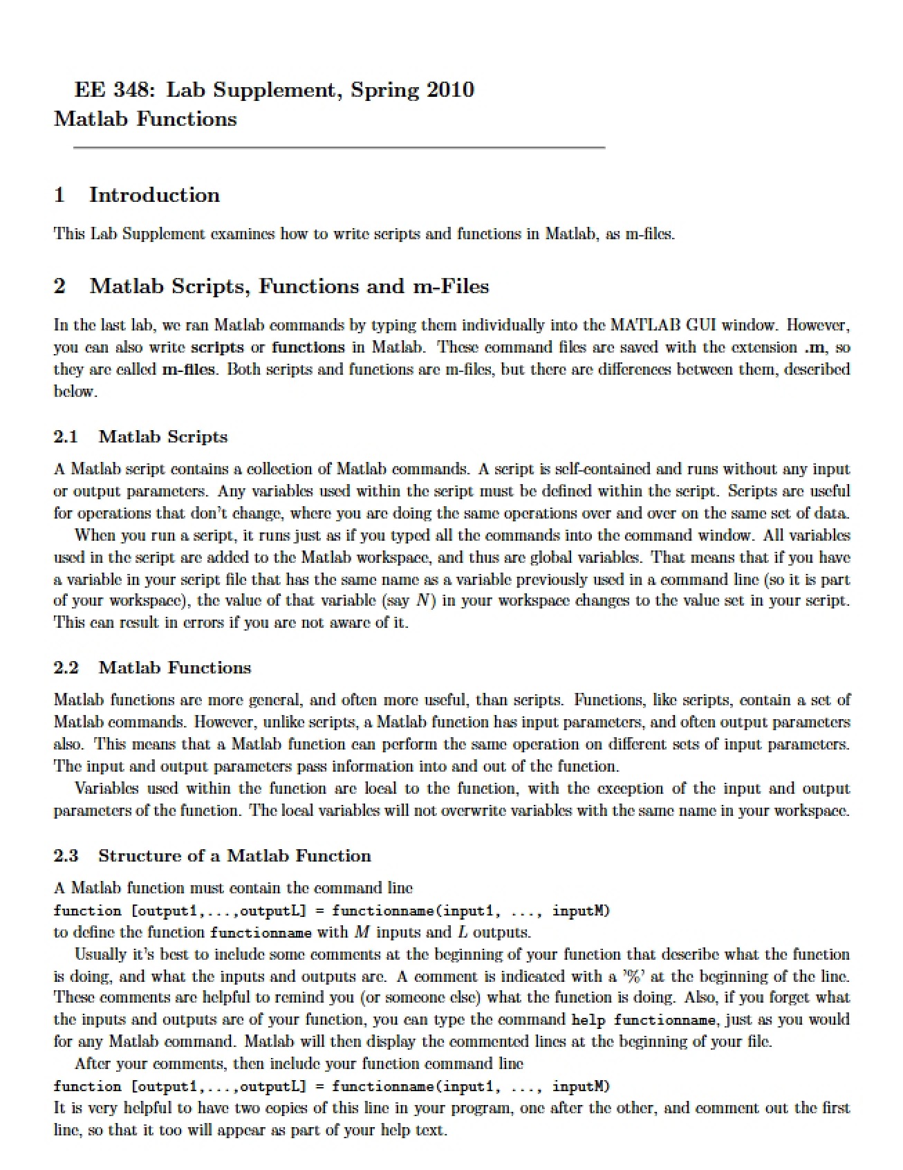 Functions in Matlab