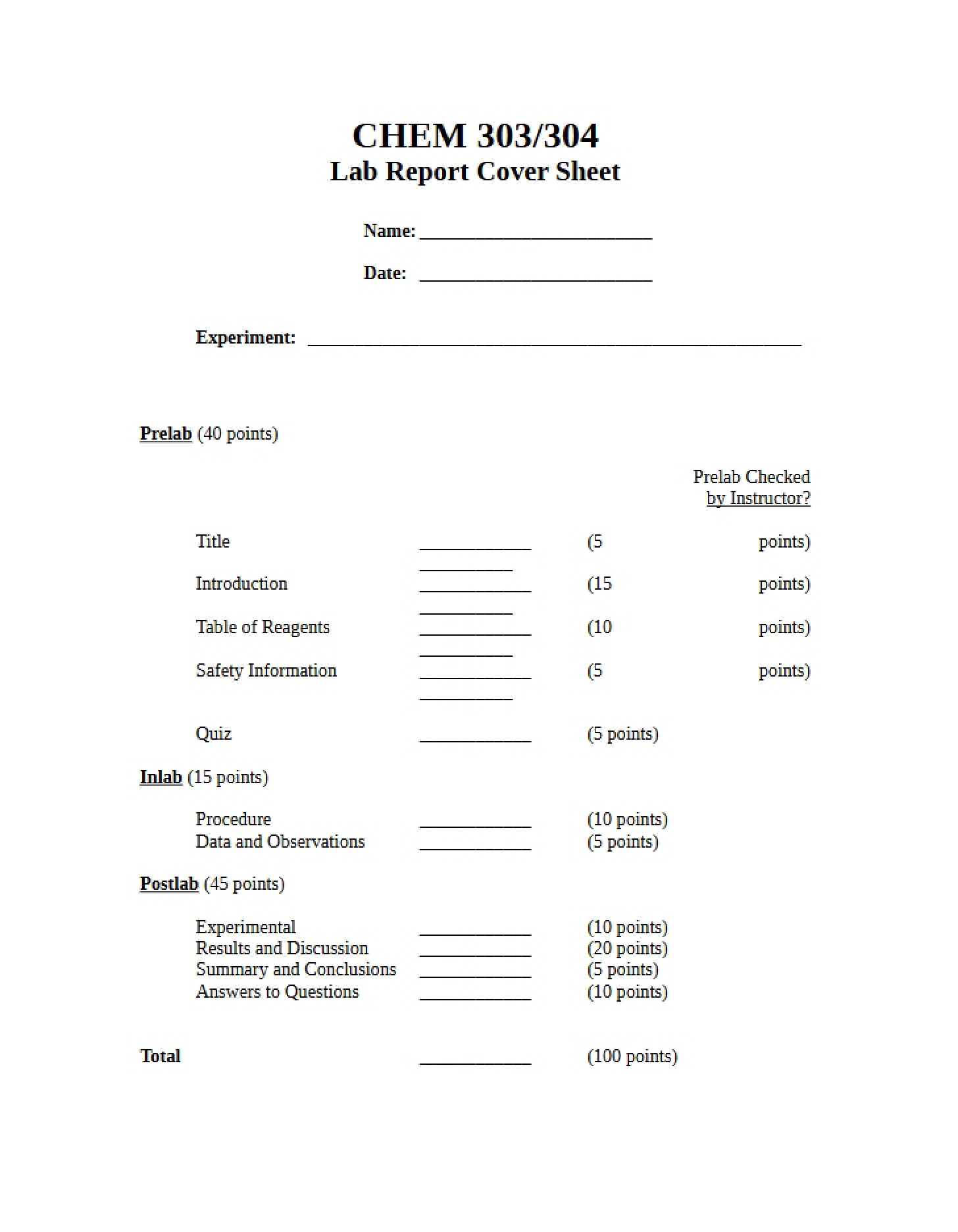 Cover Sheet for Lab Report