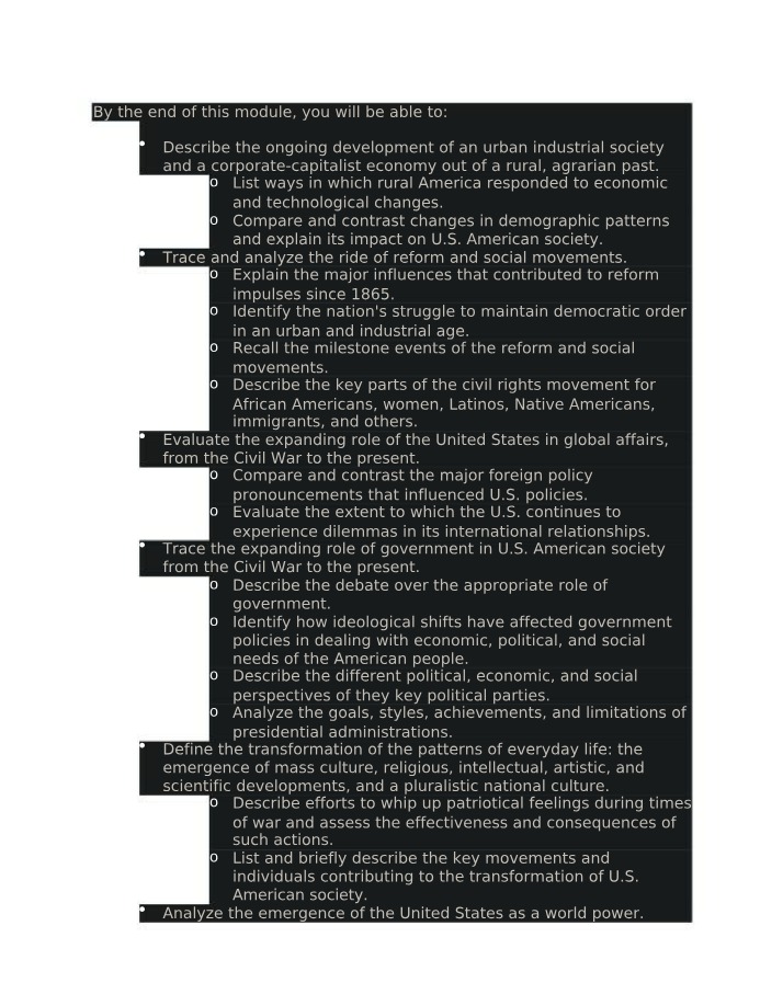 Learning Objectives for US History Module