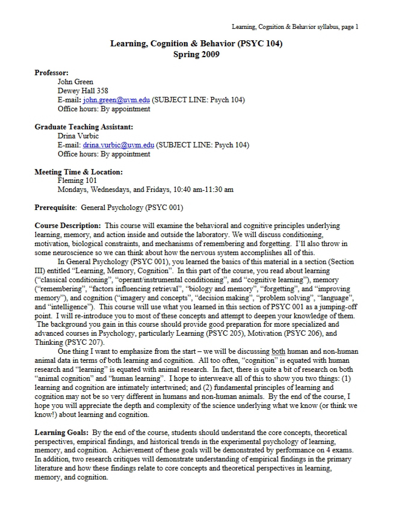 Course Outline Learning, Cognition, Behavior