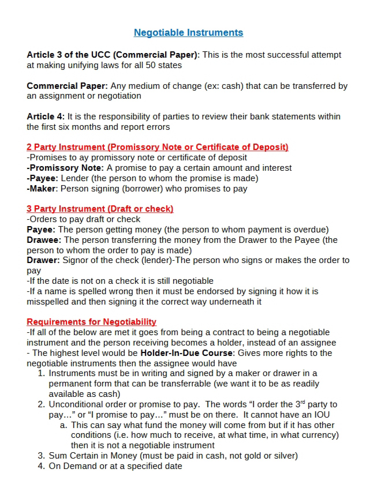 Overview of Negotiable Instruments