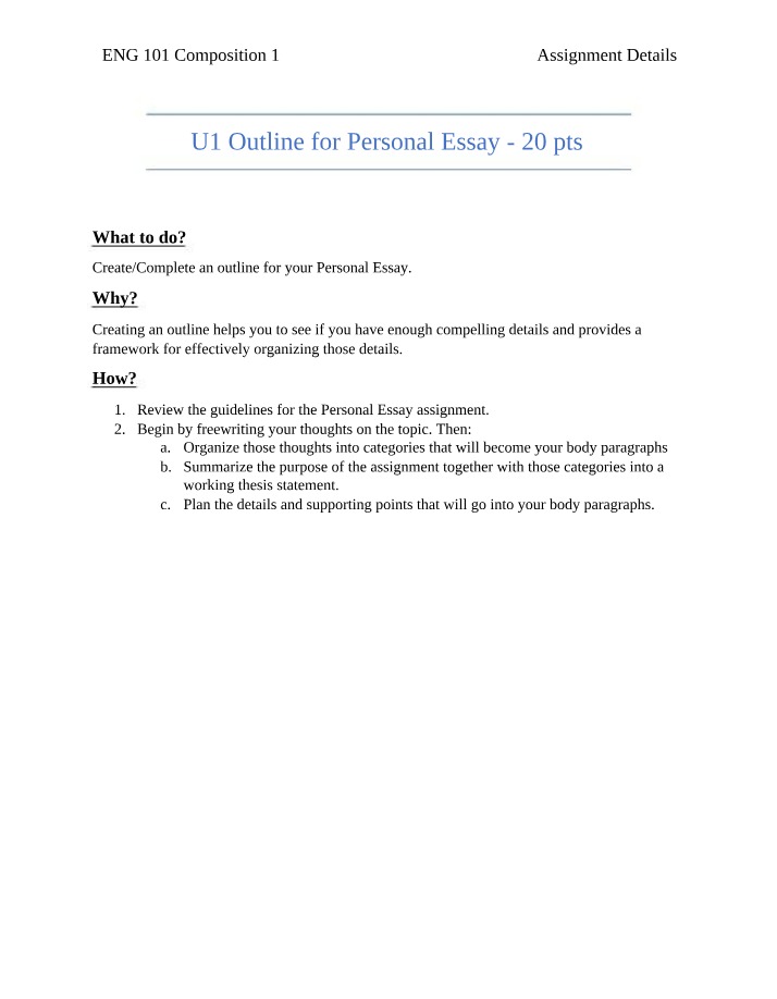 Outline and Details for U1 Personal Essay Assignment