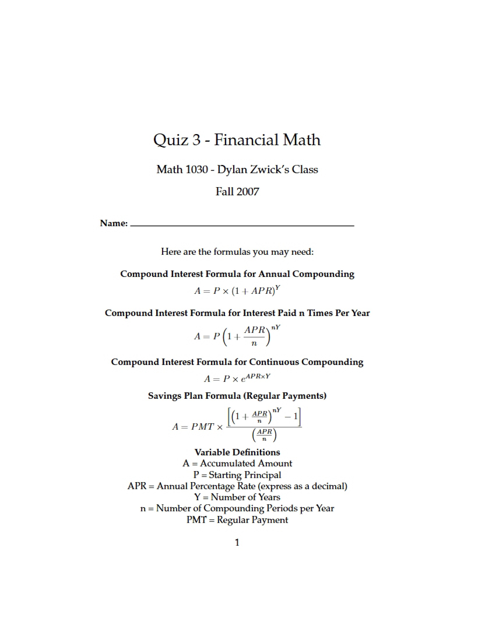 Financial Math Quiz (3)