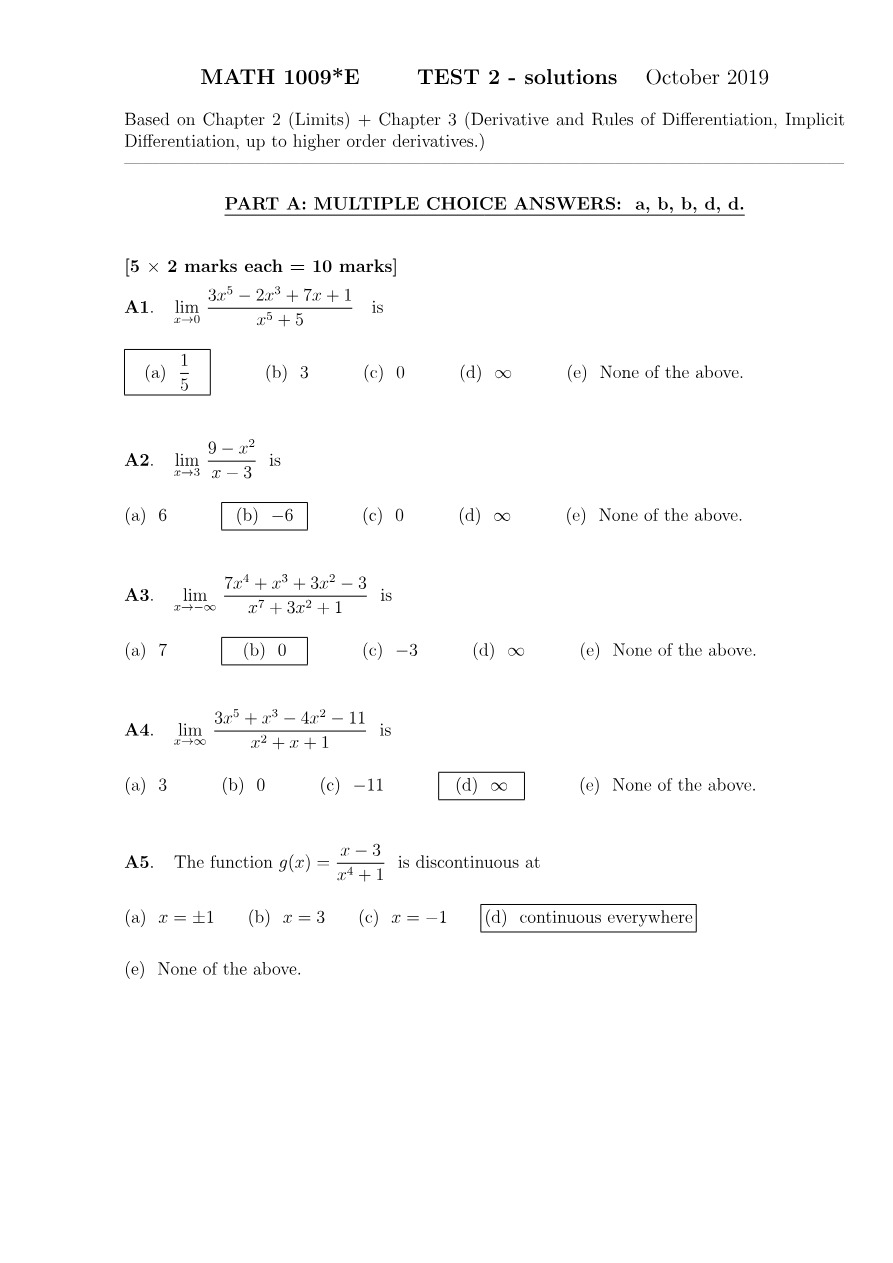 MATH 1009E - Test 2 Solutions from October 2019