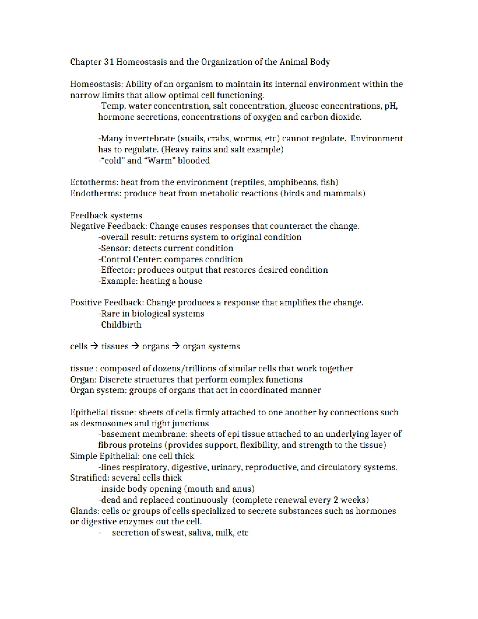 Animal Body Organization and Homeostasis (Chapter 31)