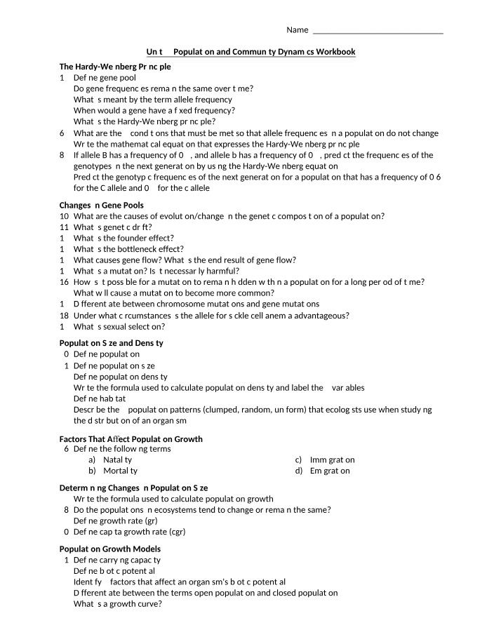 Workbook for Population Dynamics and the Hardy-Weinberg Principle