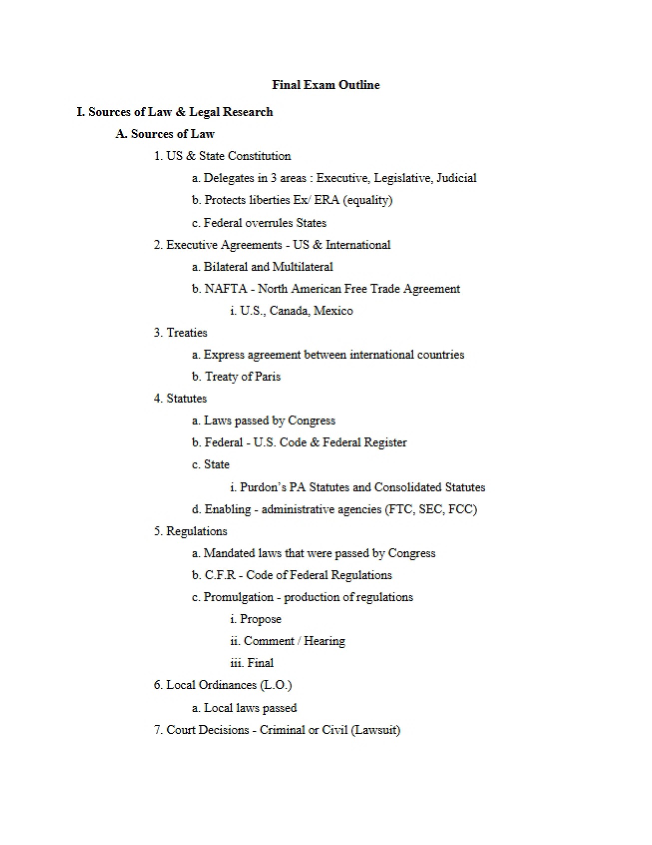 Outline for Final Examination