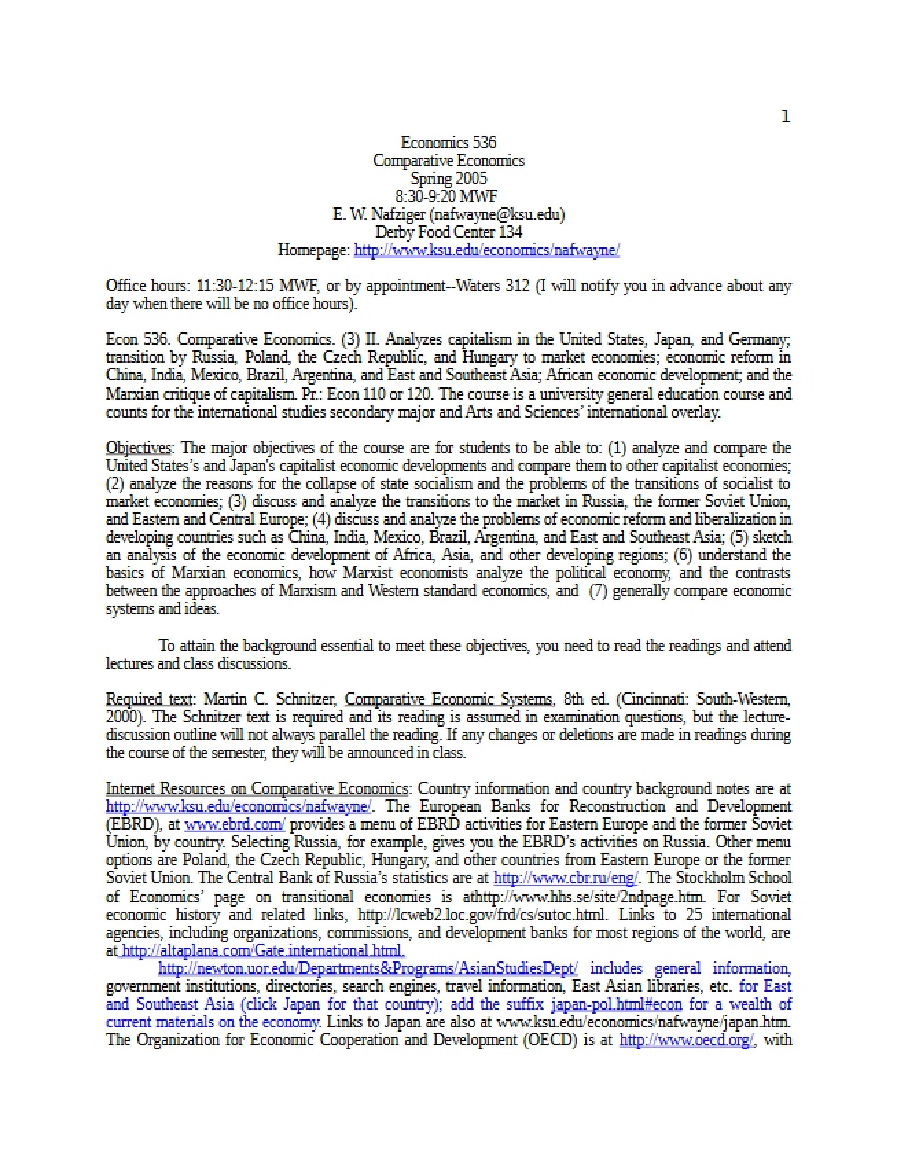 Syllabus for a Course on Comparative Economics - 4 Pages