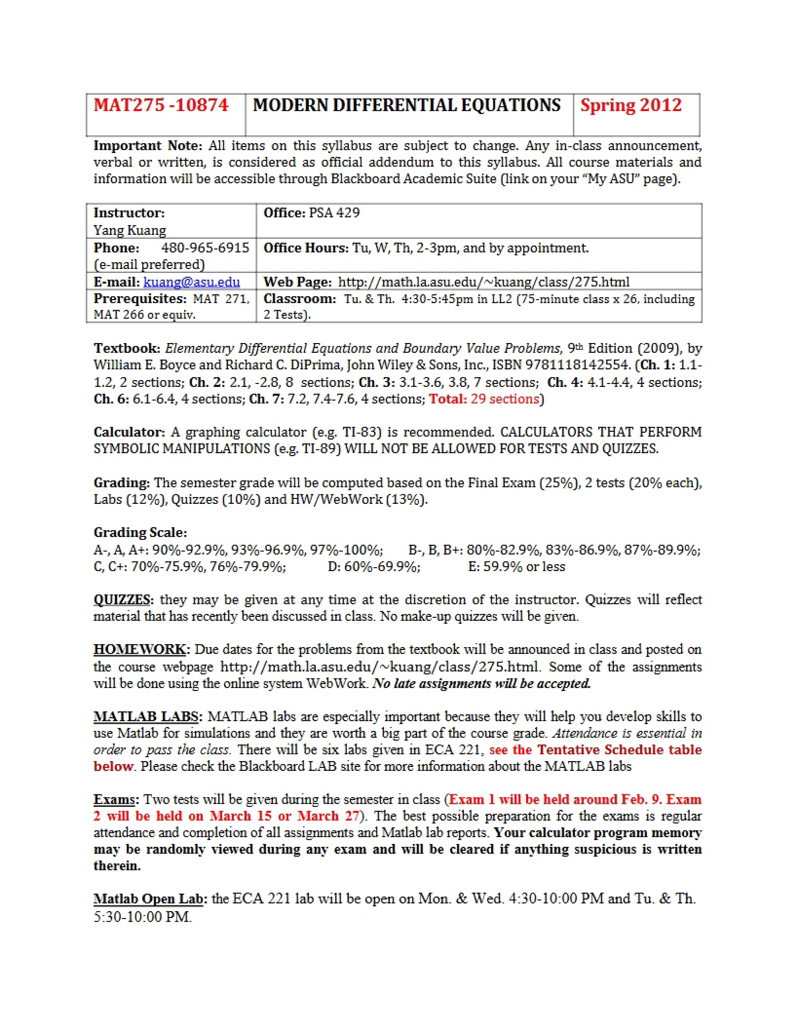Modern Differential Equations Syllabus