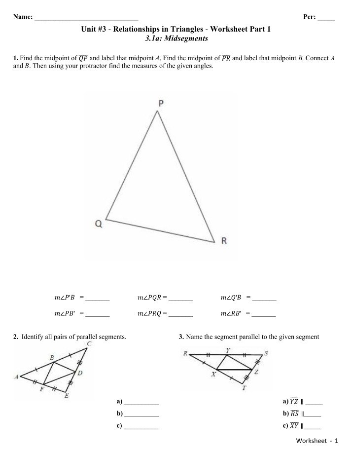 Unit 3 Worksheet Part 1 - Relationships in Triangles