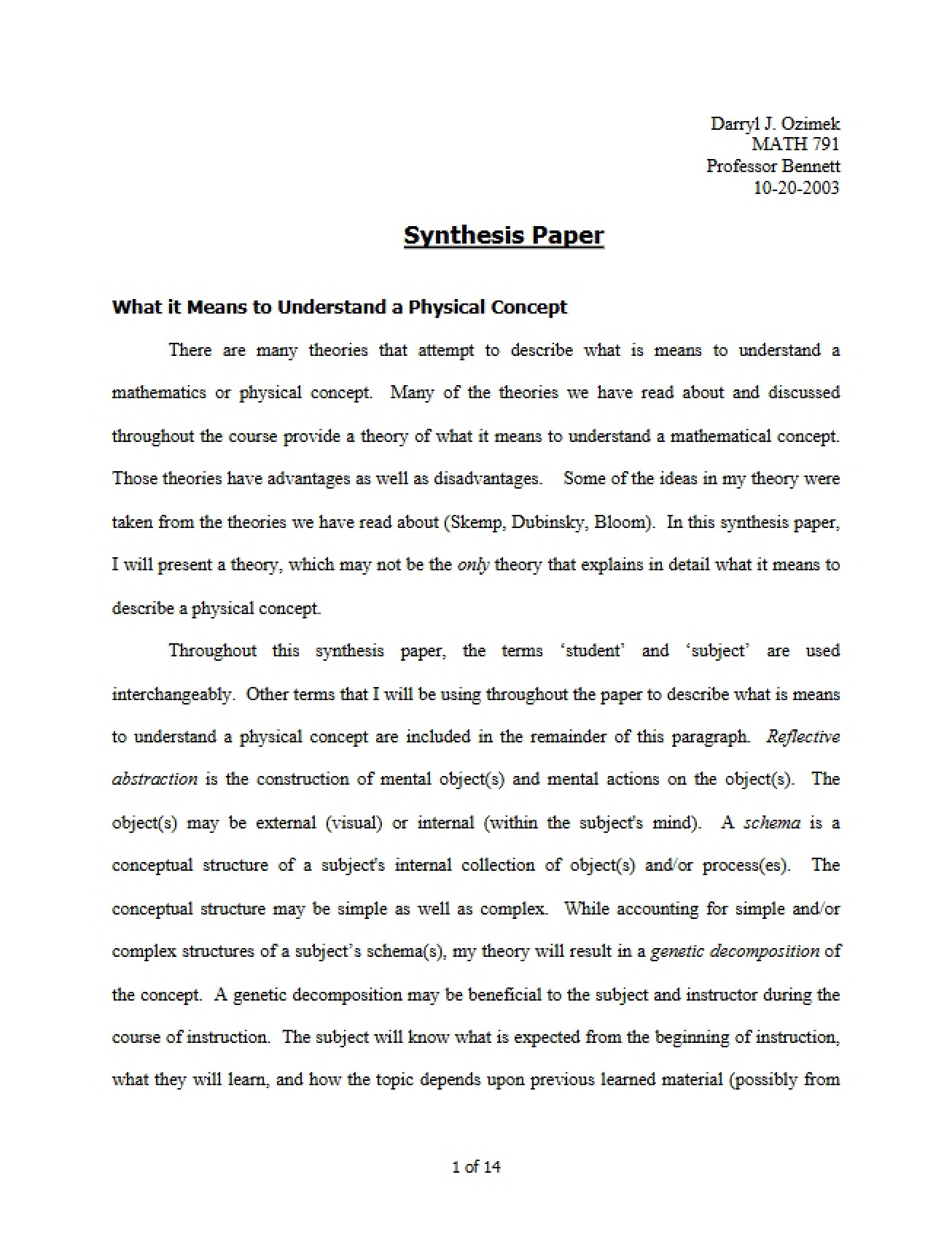 Synthesis Paper for a Course on Topics in Mathematics for Secondary School Teachers