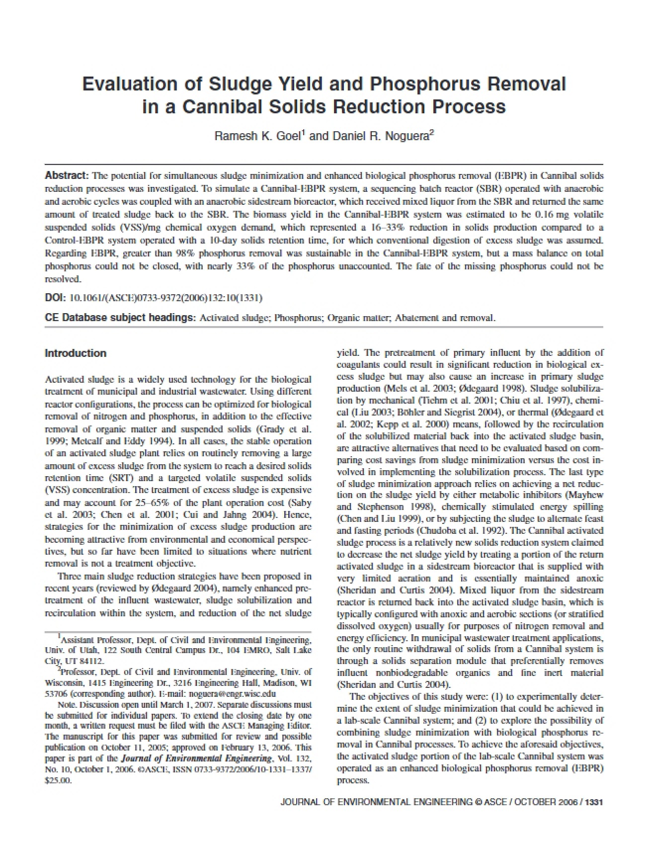 Phosphorus Removal and Sludge Yield Assessment