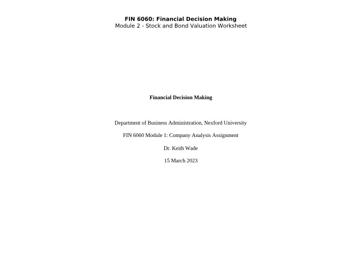 FIN 6060 Module 2 Assignment Worksheet
