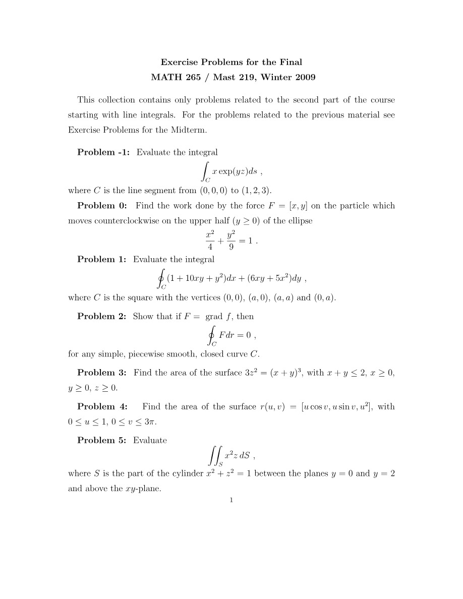 Exercise Problems for the Final Exam (Winter 2009)