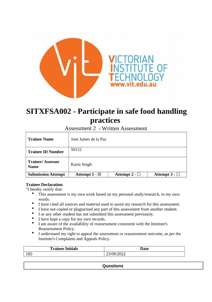 Assessment of Safe Food Handling Practices