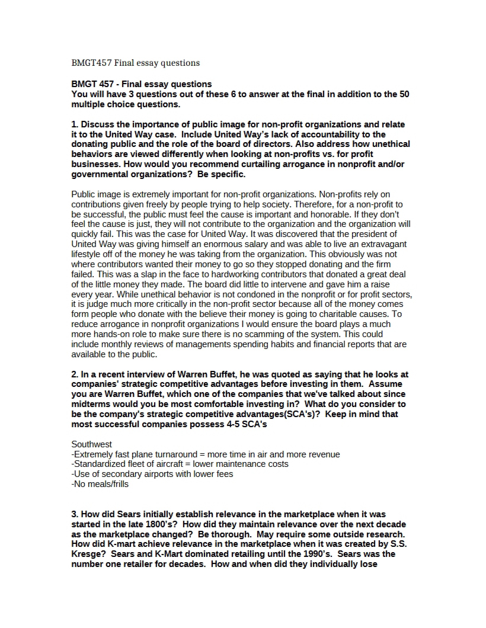 Questions for Final Essay