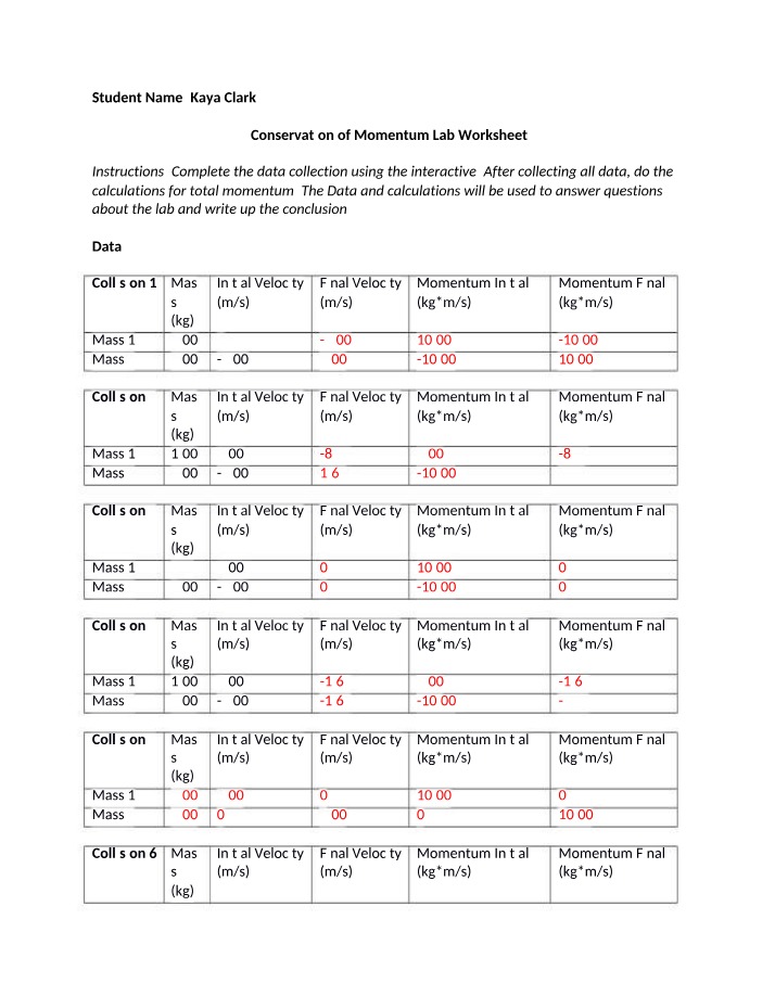 Data, Calculations, and Conclusion for Conservation of Momentum Lab