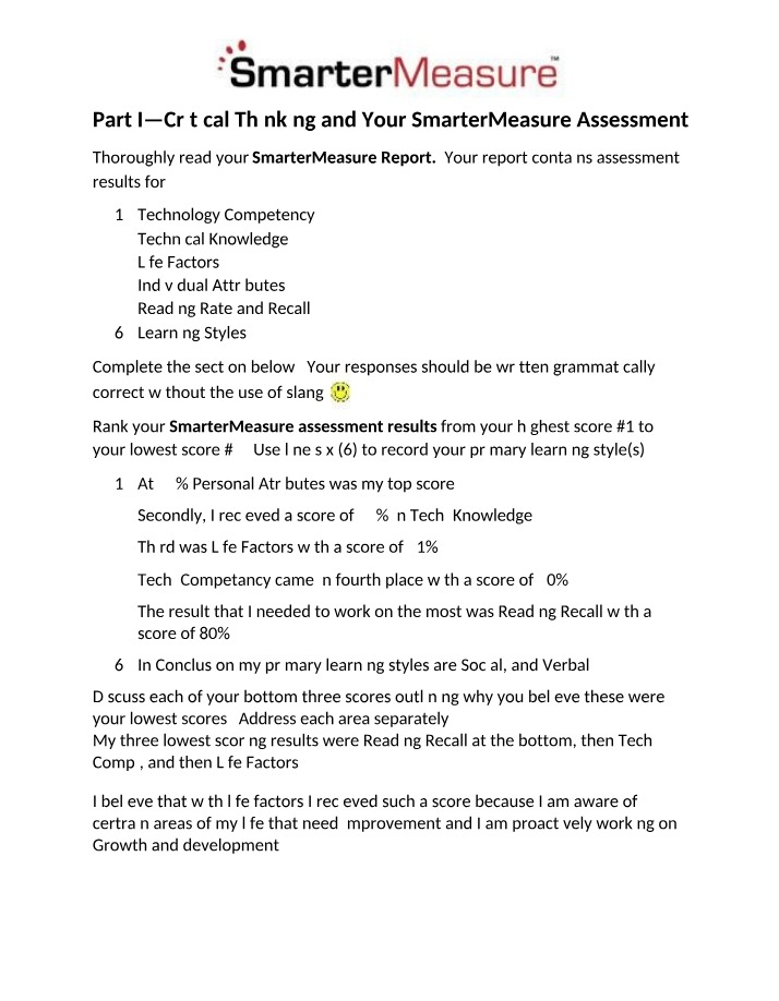 SmarterMeasure Analysis - Critical Thinking and Assessment Report