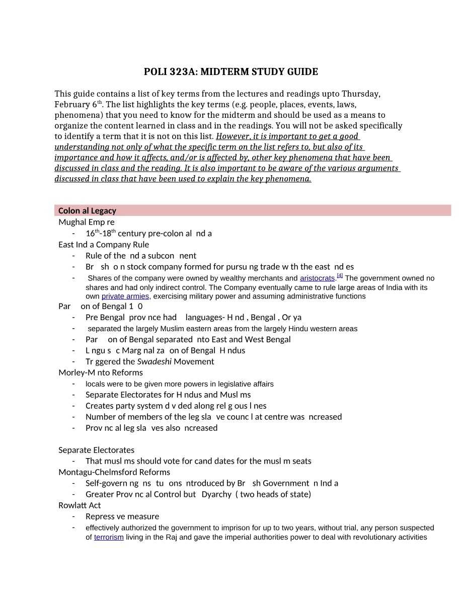 Midterm Study Guide for POLI 323A