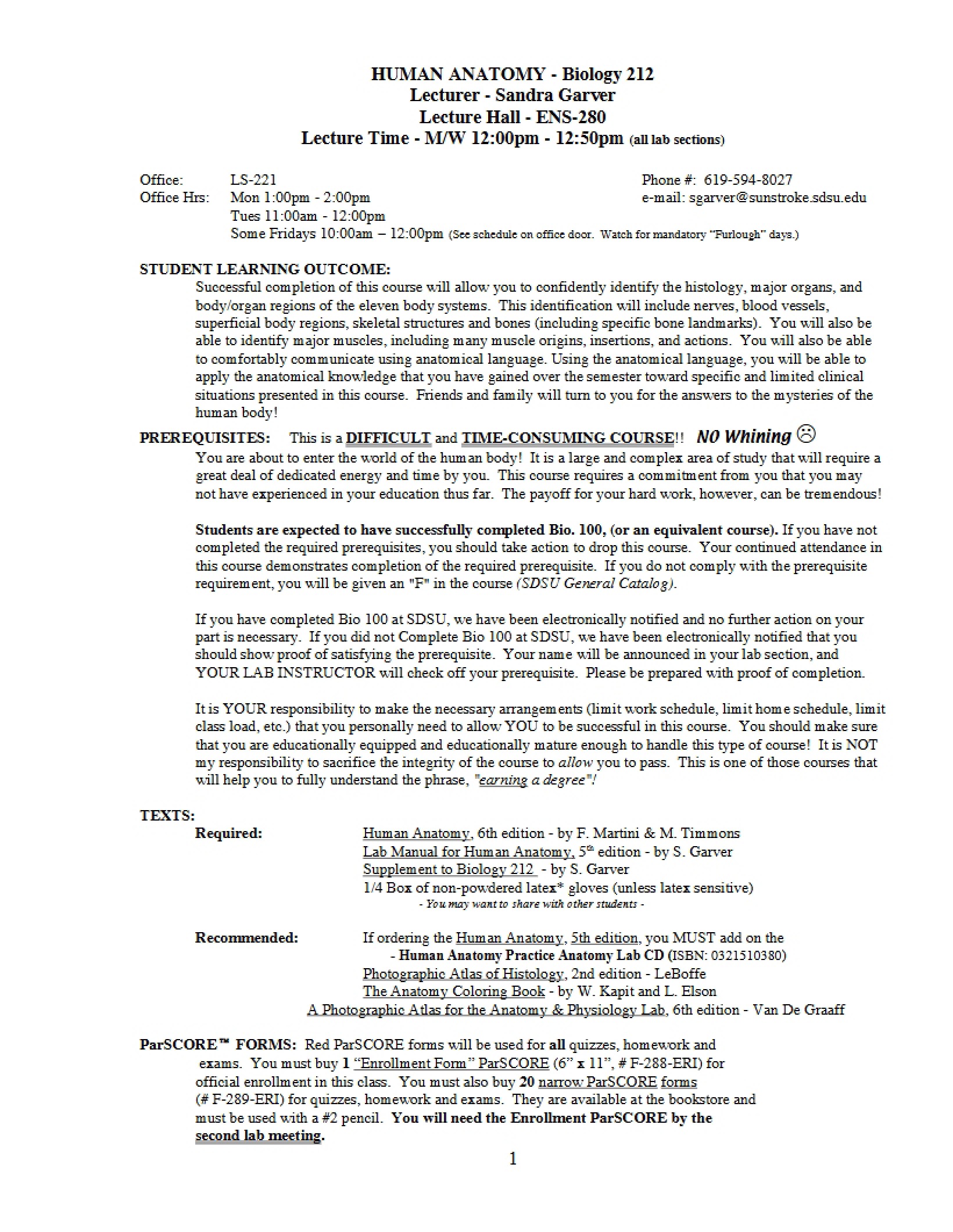Anatomy Course Syllabus