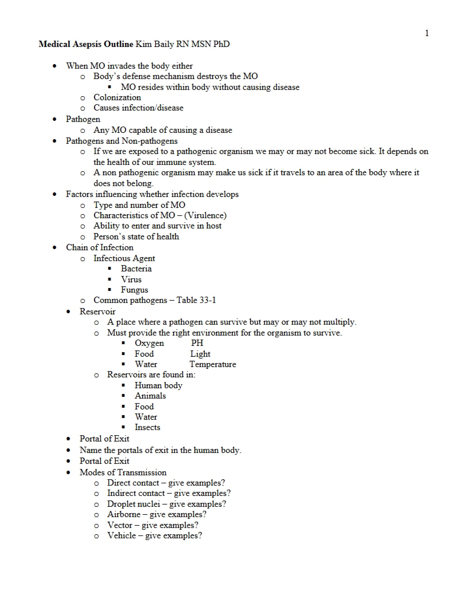 Outline of Medical Asepsis