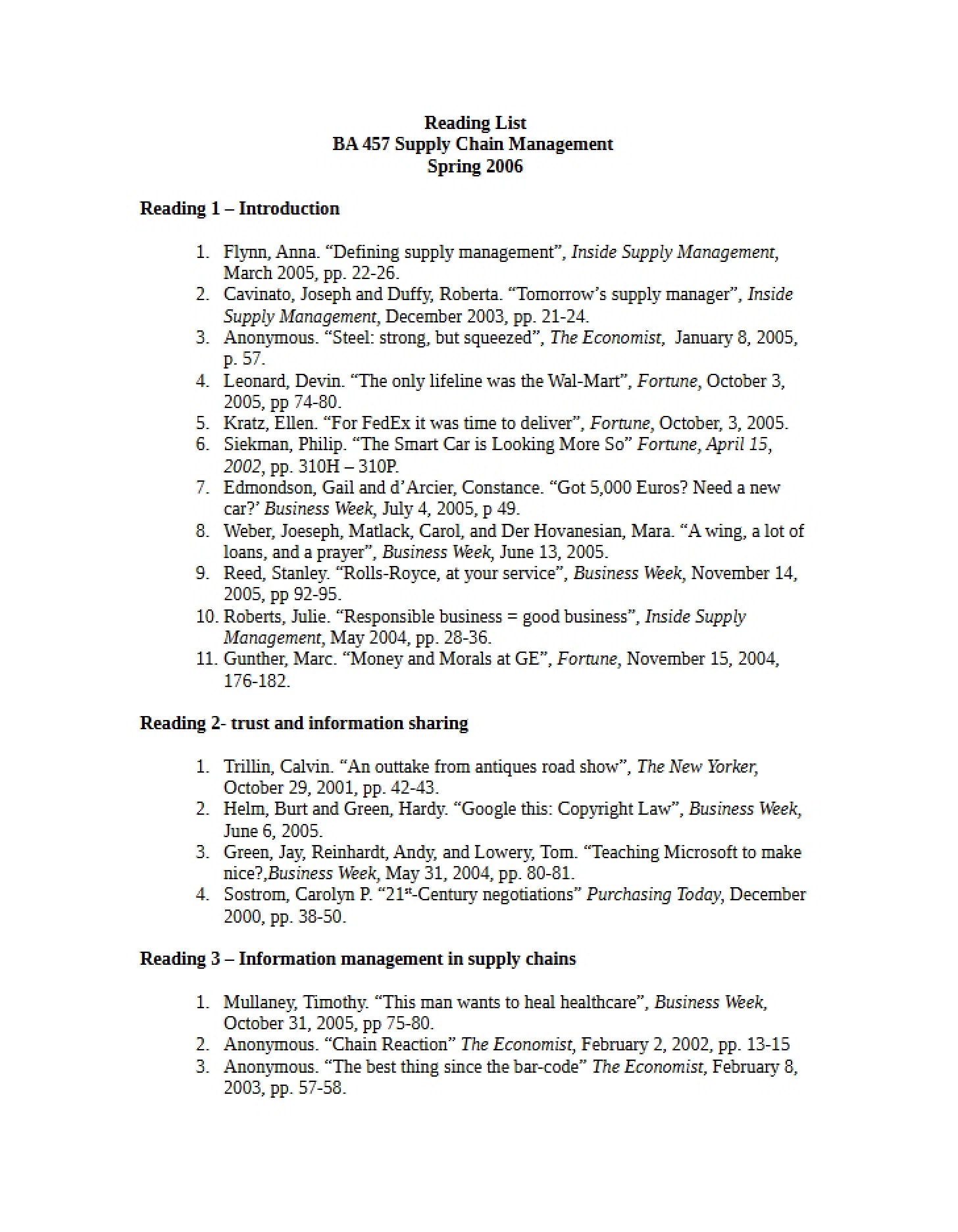 Supply Chain Management Reading List