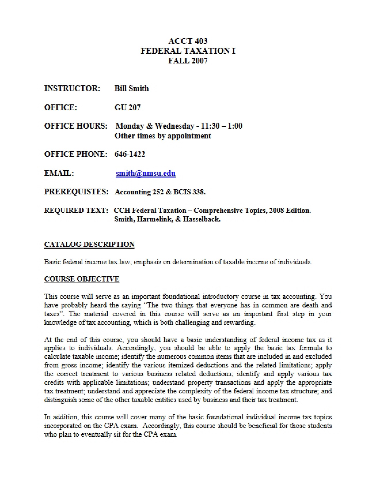 Syllabus for the Federal Taxation I Course