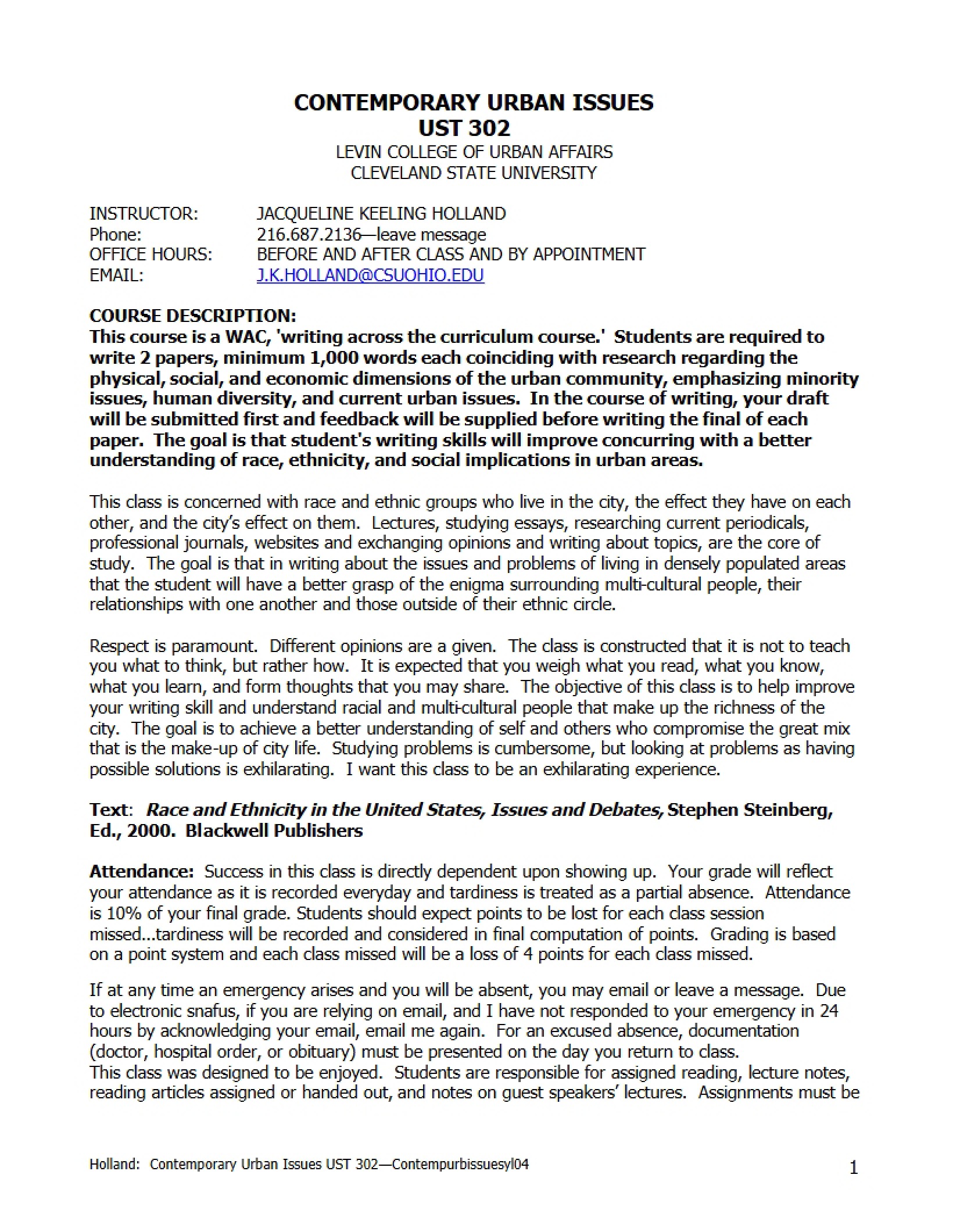 Contemporary Urban Issues Syllabus - 5 Pages