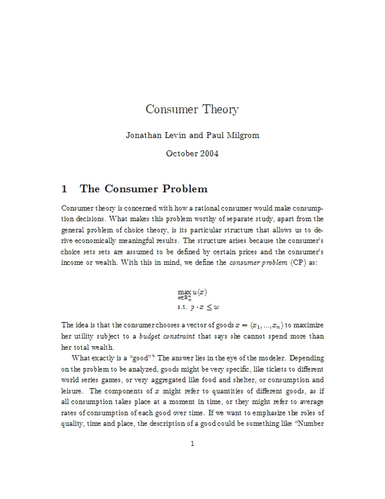 Consumer Theory (Set 1)