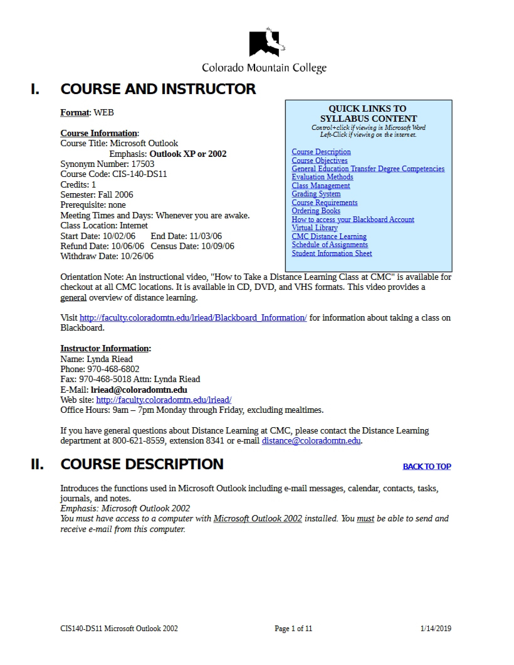 Syllabus for Microsoft Outlook