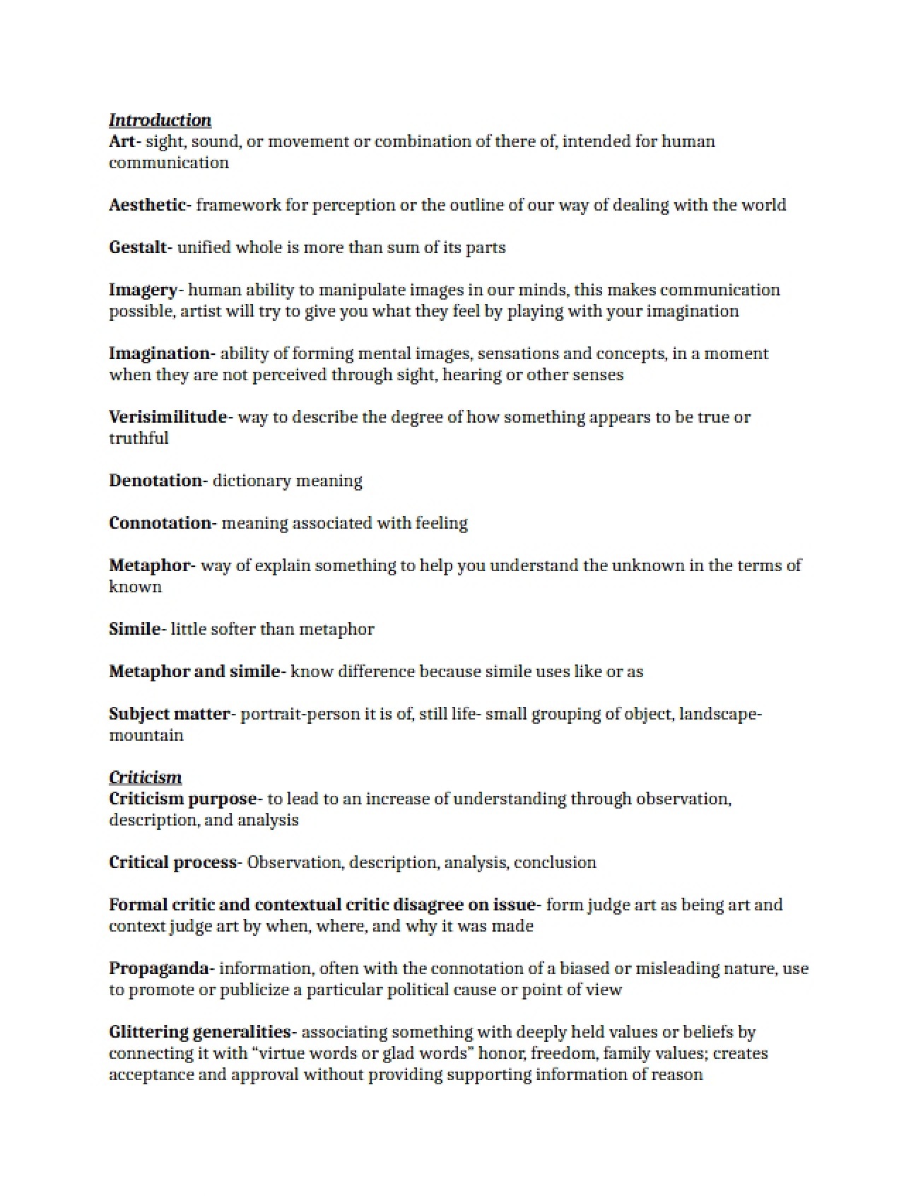 Study Guides for First Fine Arts Exam