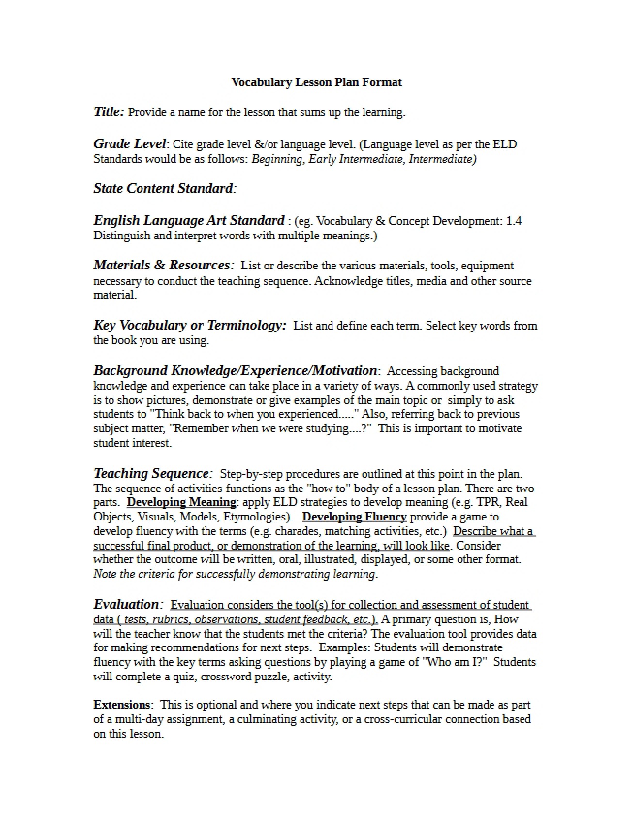 Format for Vocabulary Lesson Plan