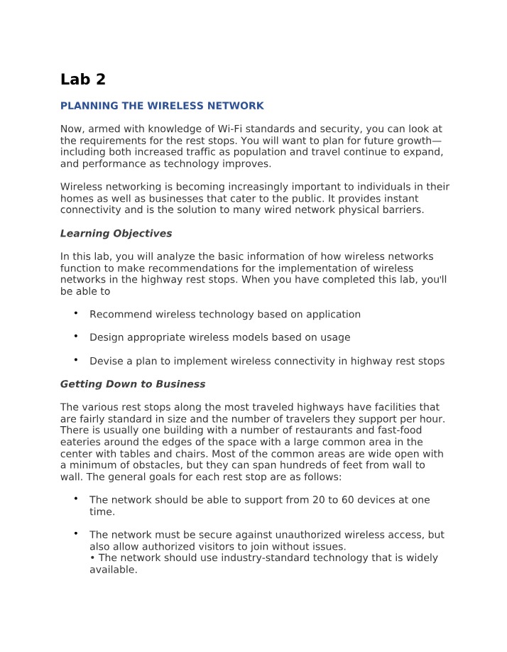 Wireless Network Planning for Highway Rest Stops - Lab 2