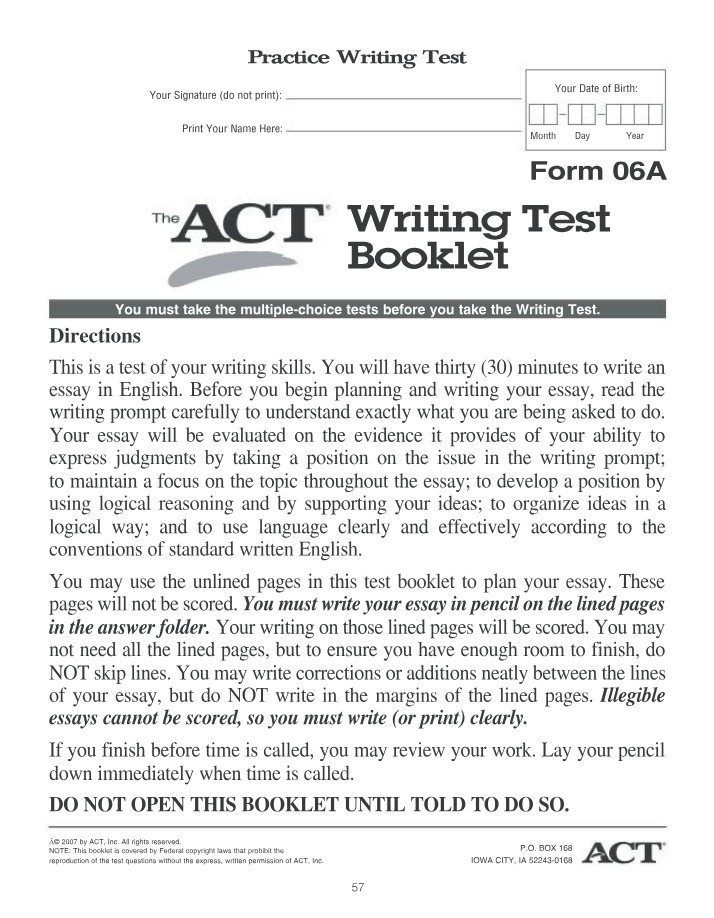 Booklet and Scoring Guide for the ACT Writing Test
