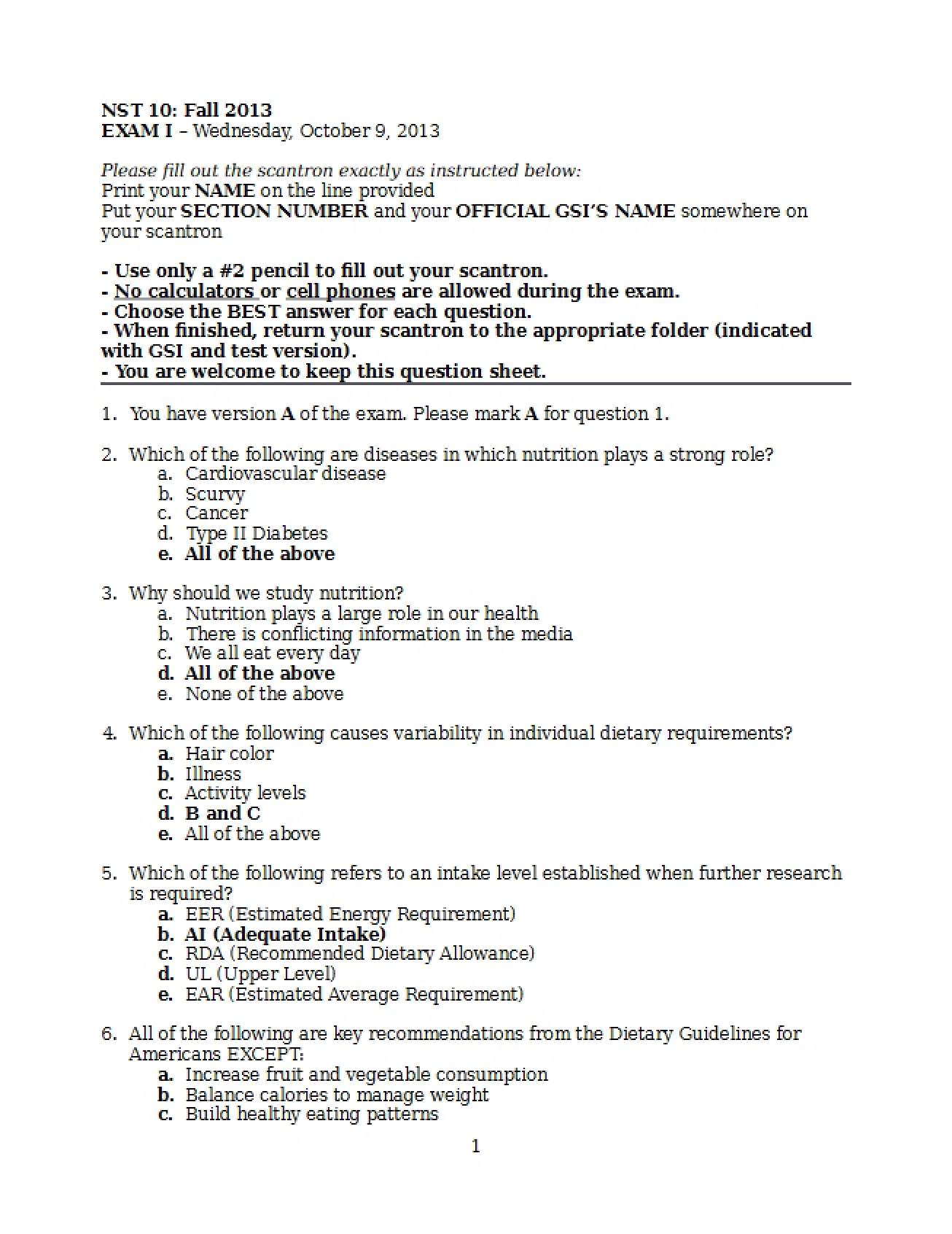 Answer Key for Exam 1