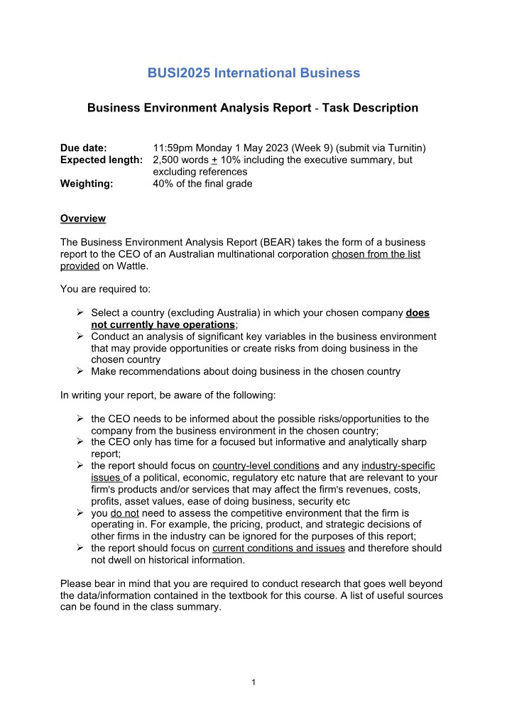 Business Environment Analysis - Task Description